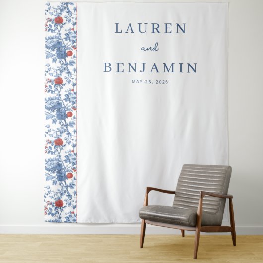 Elegante Blauwe Bloemrand Wandkleed (In situ)