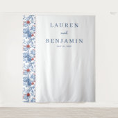 Elegante Blauwe Bloemrand Wandkleed (Voorkant)