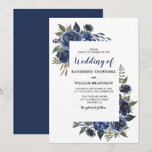 Elegante Blauwe Bloemrijke Frame Huwelijk Kaart