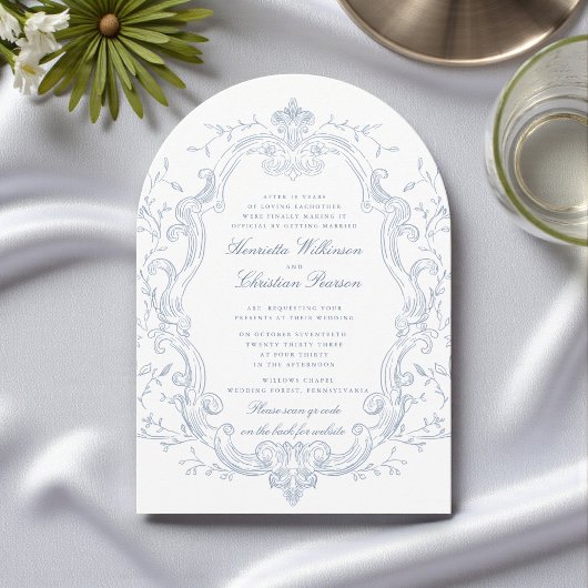 Elegante blauwe bloemrijke frame QR-code bruiloft Kaart