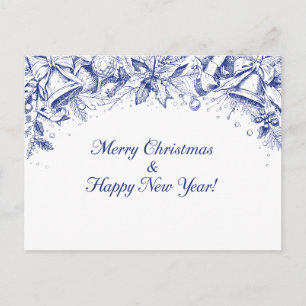 Elegante Blauwe Bloemrijke Prettig Kerstmis Chinoi Briefkaart