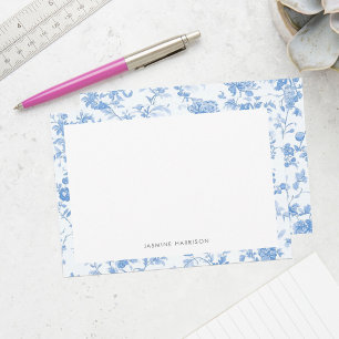 Elegante blauwe bloemrijke rand Franse Toile de Jo Notitiekaartje