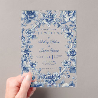 Elegante Blauwe Bloemrijke Romantische Trouwuitnod Acryl Uitnodigingen