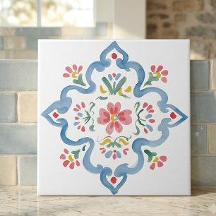 Elegante Blauwe Bloemrijke Sierlijke Volkskunst Tegeltje
