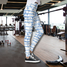 Elegante Blauwe Bloesem Gestreept Design Leggings