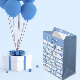 Elegante Blauwe Bloesem Gestreept Design Medium Cadeauzakje