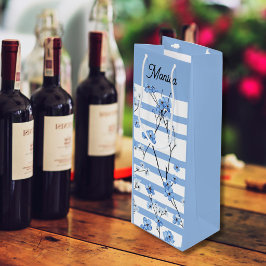 Elegante Blauwe Bloesem Gestreept Design Wijn Cadeautas