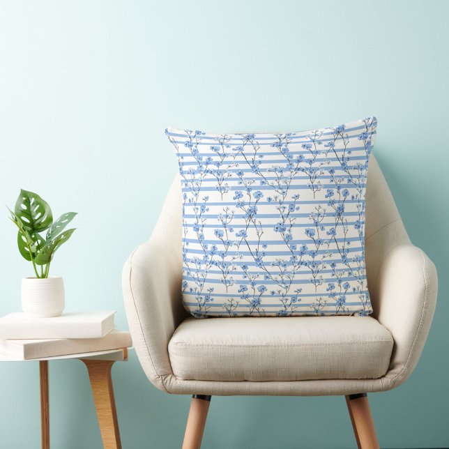 Elegante Blauwe Bloesem Gestreepte Ontwerp Kussen (Creator heeft geüpload)