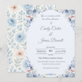 Elegante Blauwe & Blush Bloemen Huwelijksuitnodigi Kaart (Voorkant / Achterkant)