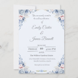 Elegante Blauwe & Blush Bloemen Huwelijksuitnodigi Kaart