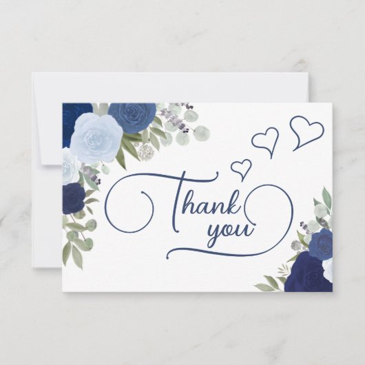Elegante Blauwe Boho Chic Rozen Bruiloft Feest Bedankkaart (Voorkant)