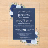 Elegante Blauwe Boho Chic Rozen Stijlvolle Tekst T Acryl Uitnodigingen (Voorkant)