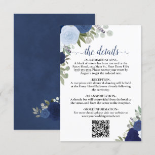 Elegante Blauwe Boho Rozen Trouwdetails QR-code Informatiekaartje