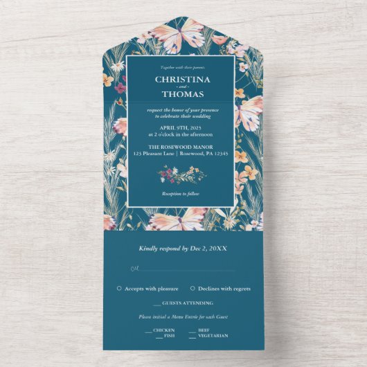 Elegante Blauwe Boho Wildbloemen Bruiloft uitnodig All In One Uitnodiging (Binnen)