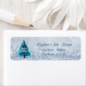 Elegante, blauwe bokeh dennenboom etiket (Insitu)