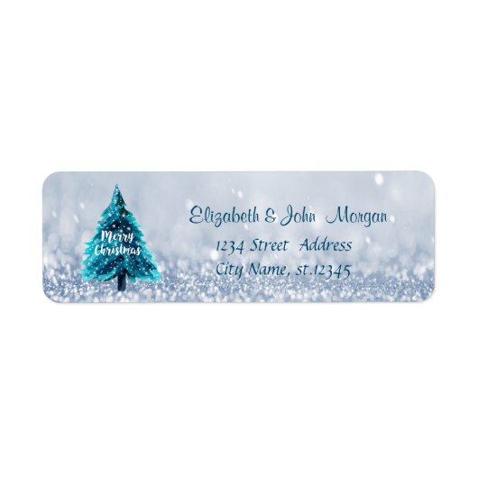 Elegante, blauwe bokeh dennenboom etiket (Voorkant)