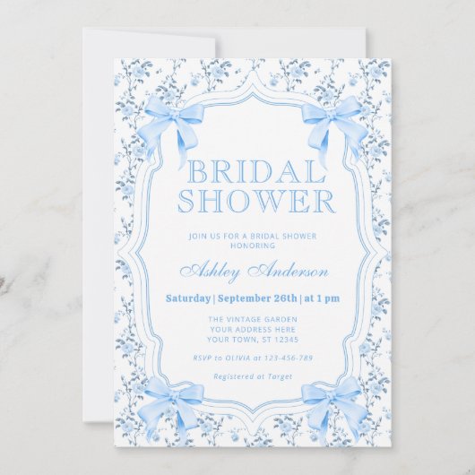 Elegante blauwe boog Coquette Bruids Douche Uitnod Kaart (Voorkant)