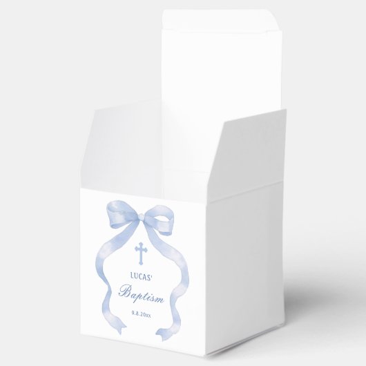 Elegante blauwe boog doop kubus bedankdoosjes (Geopend)