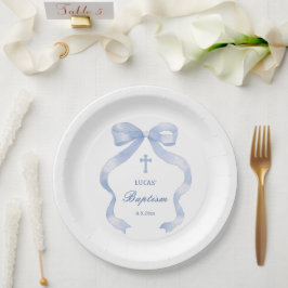 Elegante blauwe boog doop papieren bordje