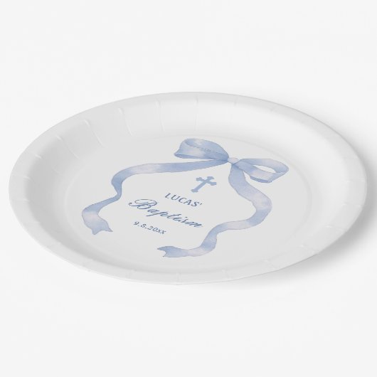 Elegante blauwe boog doop papieren bordje (Gekanteld)