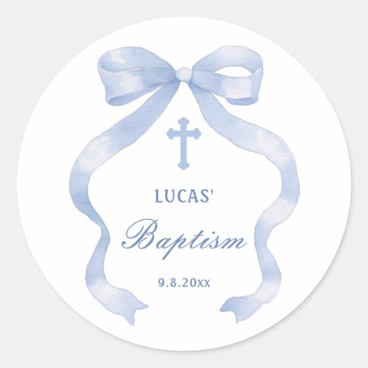 Elegante blauwe boog doop ronde sticker (Voorkant)