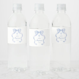 Elegante blauwe boog doop waterfles etiket