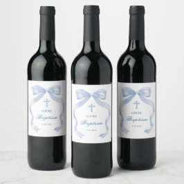 Elegante blauwe boog doop wijn etiket