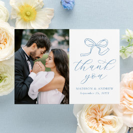 Elegante blauwe boog foto bruiloft bedankkaart