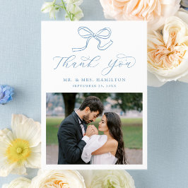 Elegante blauwe boog foto bruiloft bedankkaart