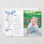 Elegante blauwe boog & rozenkrans foto doop kaart (Voorkant)