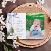 Elegante blauwe boog & rozenkrans foto doop kaart