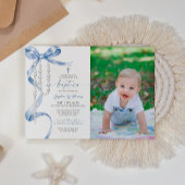 Elegante blauwe boog & rozenkrans foto doop kaart