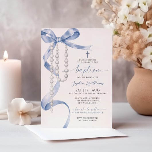 Elegante blauwe boog & rozenkransdoop kaart