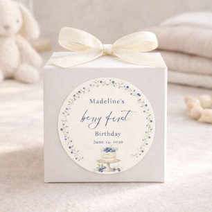 Elegante blauwe bosbes eerste verjaardag ronde sticker