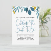 Elegante Blauwe Botanische Bruids Douche Uitnodigi Aankondiging (Staand voorkant)