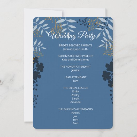 Elegante blauwe botanische ceremonieprogramma kaar kaart (Voorkant)