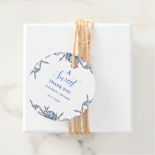 Elegante Blauwe Botanische Dankjewelige Feest Bedankjes Labels (In situ)