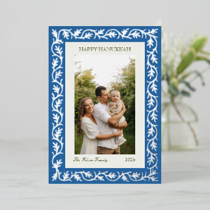 Elegante Blauwe Botanische Hanukkah Familie Fotoka Folie Feestdagenkaart