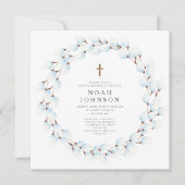 Elegante Blauwe Botanische Religieuze Jongensdoop Kaart (Voorkant)