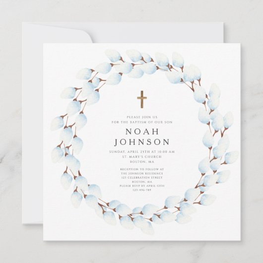 Elegante Blauwe Botanische Religieuze Jongensdoop Kaart (Voorkant)