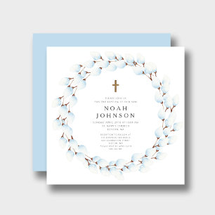 Elegante blauwe botanische religieuze jongensdoop  kaart
