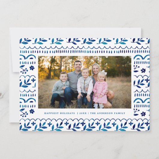 Elegante Blauwe Botanische Waterverf Kerstfoto Feestdagenkaart (Voorkant)