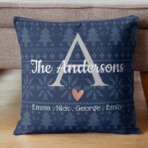Elegante blauwe breipatronen familienaam monogram kussen