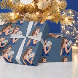 Elegante Blauwe Bruidsmeisje Portret Illustratie Cadeaupapier