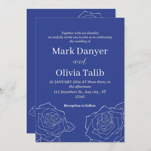 Elegante blauwe bruiloft uitnodiging | Modern (Voorkant / Achterkant)