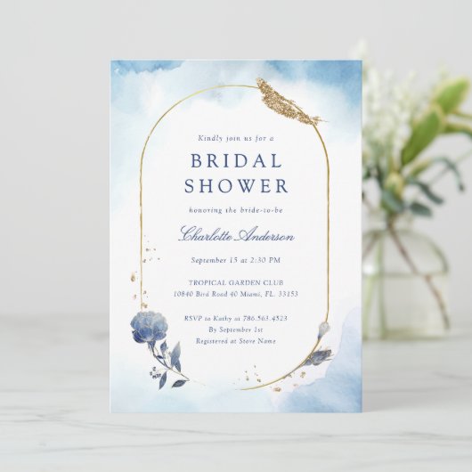 Elegante Blauwe Bruiloftsborrel Kaart (Staand voorkant)