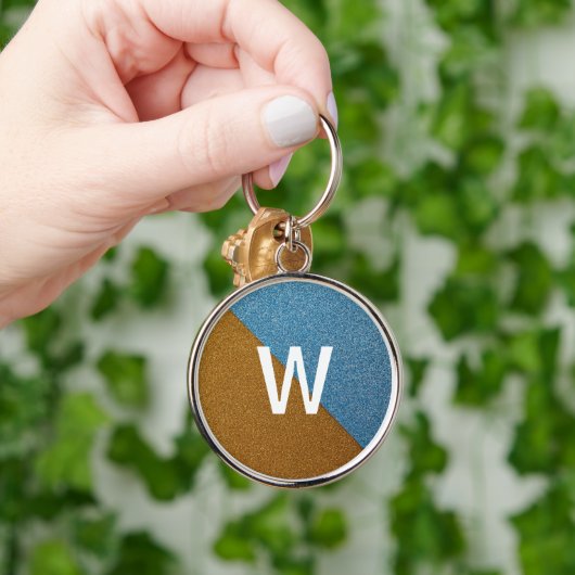 Elegante Blauwe &Bruine Glitter Monogram Sleutelhanger (Hand)