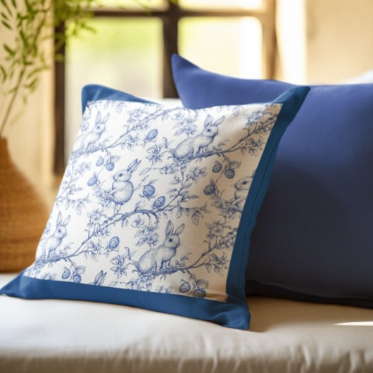 Elegante Blauwe Bunny Toile Pasen Worp Kussen
