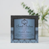 Elegante Blauwe Chic Damask Sweet16 Uitnodigen Kaart (Staand voorkant)