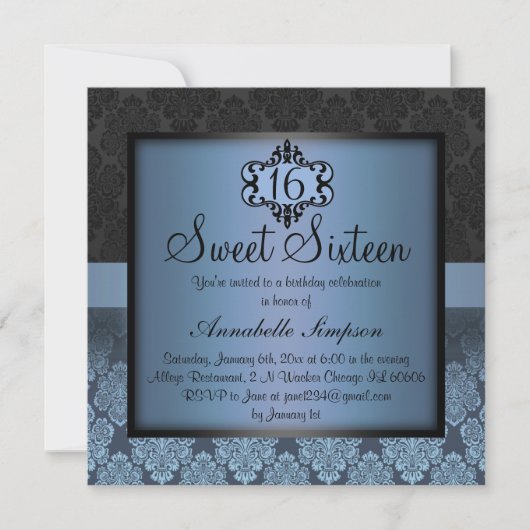 Elegante Blauwe Chic Damask Sweet16 Uitnodigen Kaart (Voorkant)